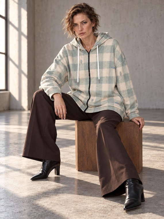 Blue Beige Plaid Long Zip Up Hoodie for Women, Soft Checkered Print