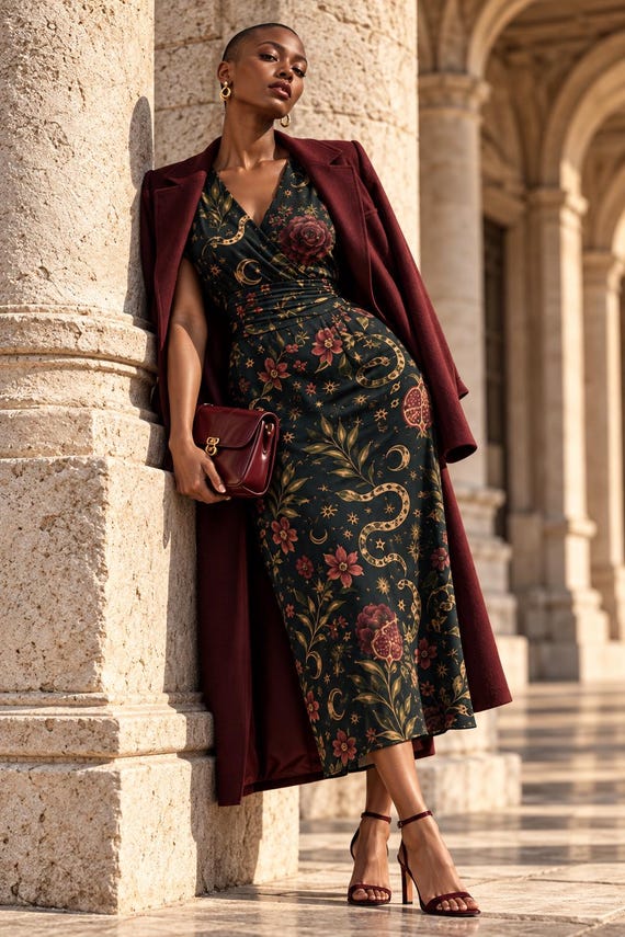 Dark Botanical Midi Dress, Snake and Vintage Floral Print, V Neck Romantic Dress