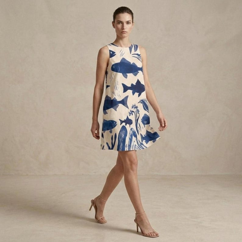 A woman models an A-line sleeveless dress with a blue fish and coral print on an off-white background, paired with nude high-heeled sandals.