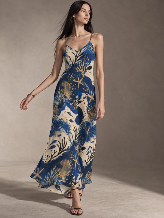 Blue Toile Maxi Dress, Spaghetti Strap Summer Dress, Botanical Vacation Sundress