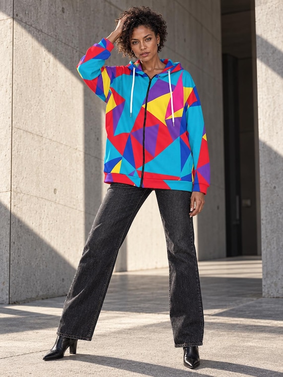 Bright Geometric Long Zip Up Hoodie for Women, Bold Colorblock Print