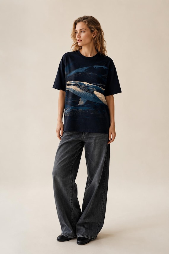 Artistic Whale T-Shirt, Dark Nordic Marine Cotton Tee