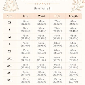 May include: A size chart for a dress with a floral illustration at the top left and right. The table lists sizes from XS to 6XL with corresponding bust, waist, hip, and length measurements in both centimeters and inches. The text reads SIZE CHART.