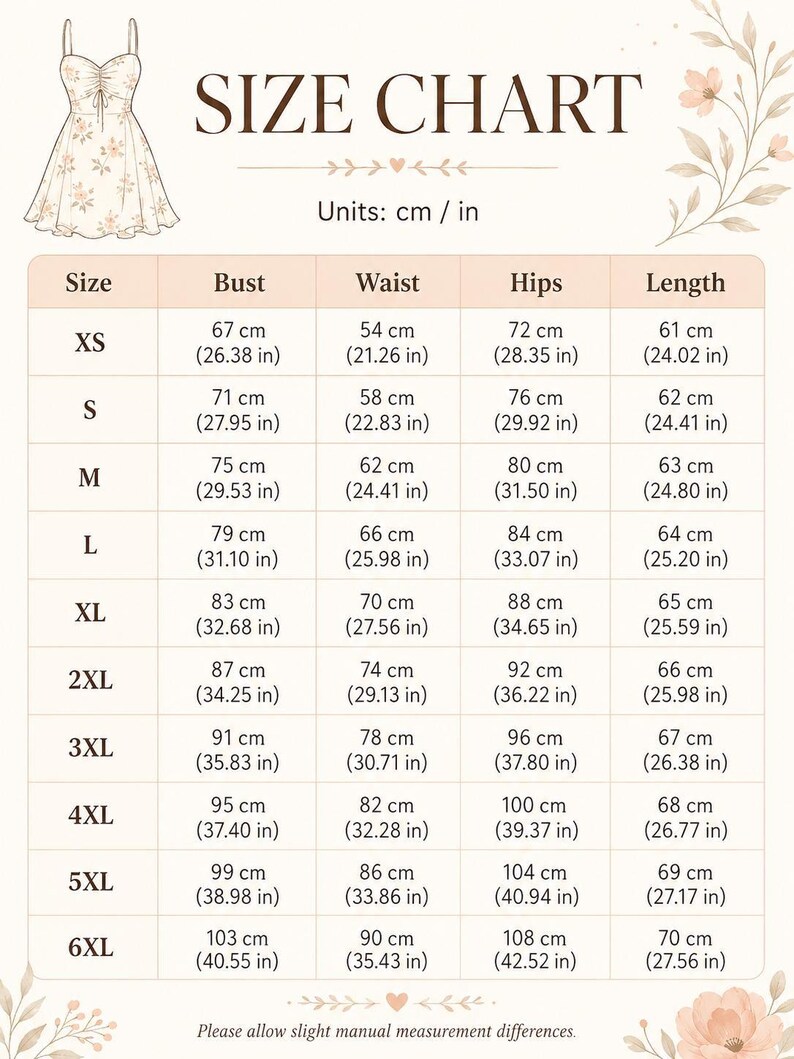 May include: A size chart for a dress with a floral illustration at the top left and right. The table lists sizes from XS to 6XL with corresponding bust, waist, hip, and length measurements in both centimeters and inches. The text reads SIZE CHART.