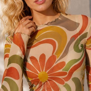 Sheer Mesh Top Women Floral Mesh Top Long Sleeve See Through Top Festival Layering Top