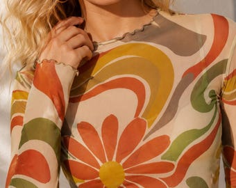 Sheer Mesh Top Women Floral Mesh Top Long Sleeve See Through Top Festival Layering Top