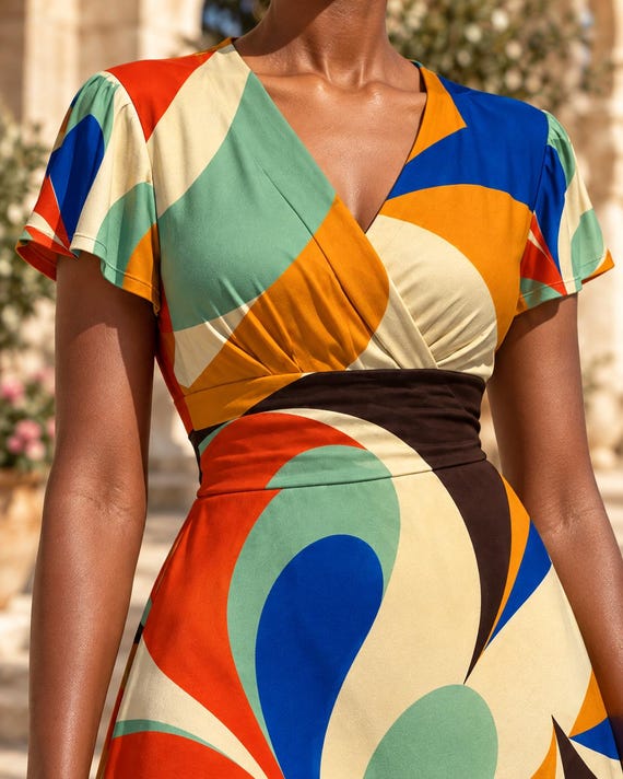 Colorful Abstract Midi Dress, 70s Swirl Geometric Print, V Neck Retro Art Dress