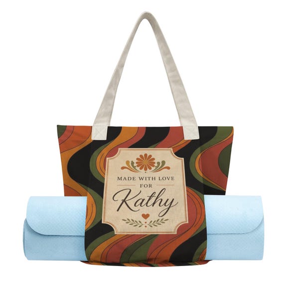 Personalized Retro Yoga Tote, Cotton-Linen Custom Name Bag with Inner Zipper Pocket