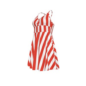 Red White Cabana Stripe Cami Dress, V-Neck Cross Strap Resort Wear image 17