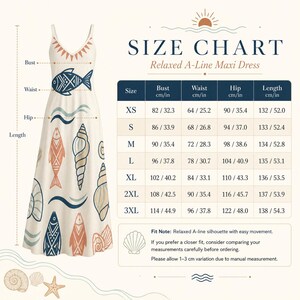 May include: A cream-colored maxi dress with a V-neckline and a pattern of blue and orange fish and seashells. Next to the dress is a size chart with columns for bust, waist, hip, and length in both centimeters and inches, ranging from XS to 3XL.