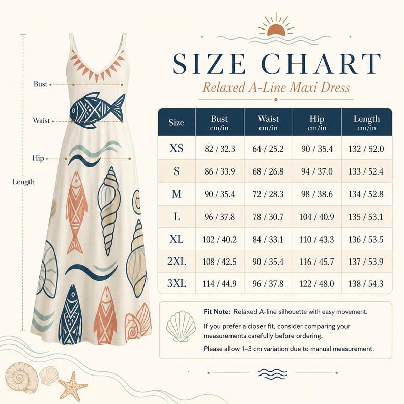 May include: A cream-colored maxi dress with a V-neckline and a pattern of blue and orange fish and seashells. Next to the dress is a size chart with columns for bust, waist, hip, and length in both centimeters and inches, ranging from XS to 3XL.