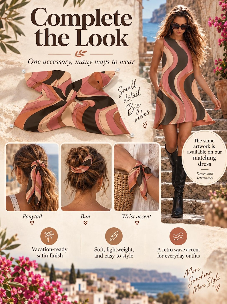 May include: A square satin scarf featuring a wavy pattern in shades of pink, brown, and cream, with small white beads at each corner. The scarf is shown styled as a hair accessory for a ponytail and bun, and as a wrist accent, alongside a matching sleeveless dress.