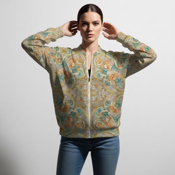 Floral Print Bomber Jacket for Women – Boho Lightweight Spring Jacket
