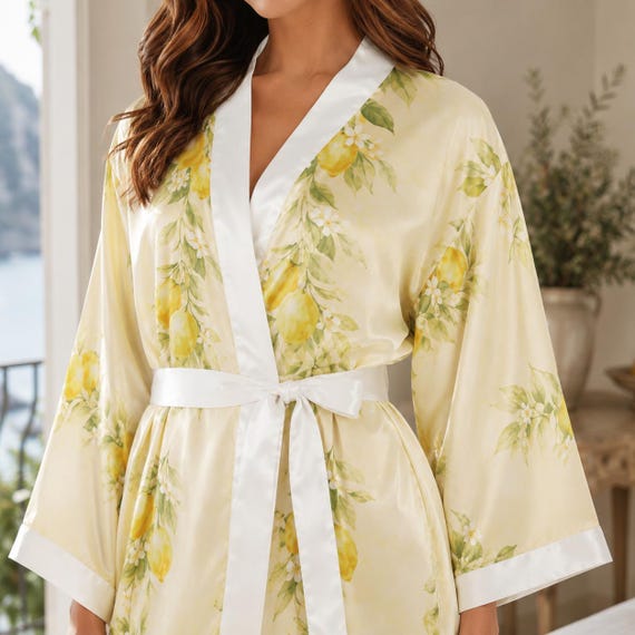 Lemon Bridesmaid Robe, Satin Kimono Robe, Bridal Party Getting Ready Gown