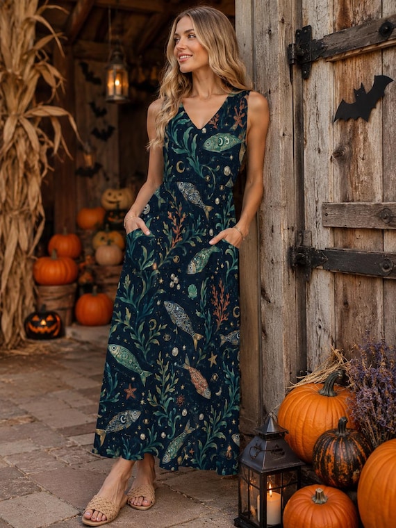 Celestial Fish Maxi Dress, Whimsigoth Witchy Dress with Pockets