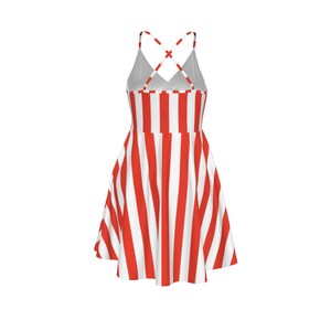 Red White Cabana Stripe Cami Dress, V-Neck Cross Strap Resort Wear image 13