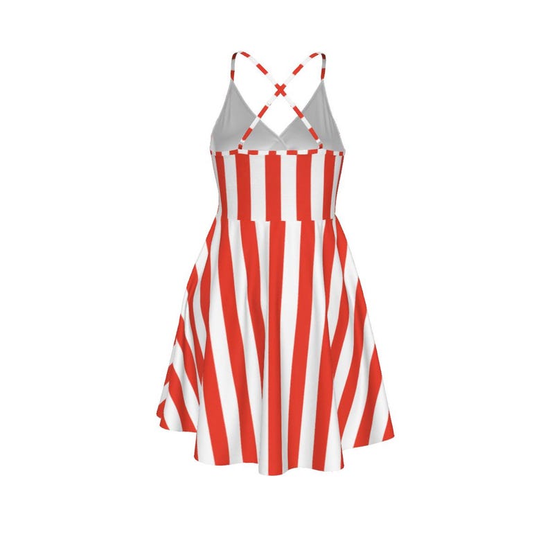 Red White Cabana Stripe Cami Dress, V-Neck Cross Strap Resort Wear image 13