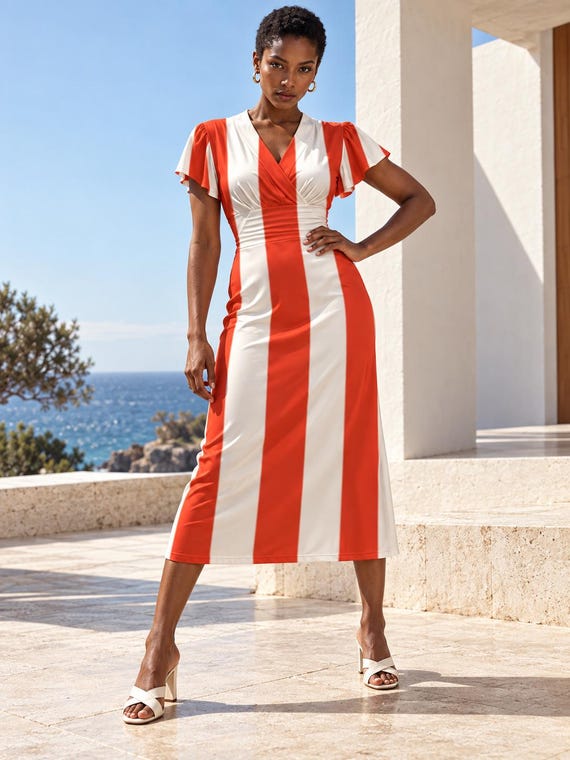 Red and White Striped Midi Dress, V Neck Flutter Sleeves