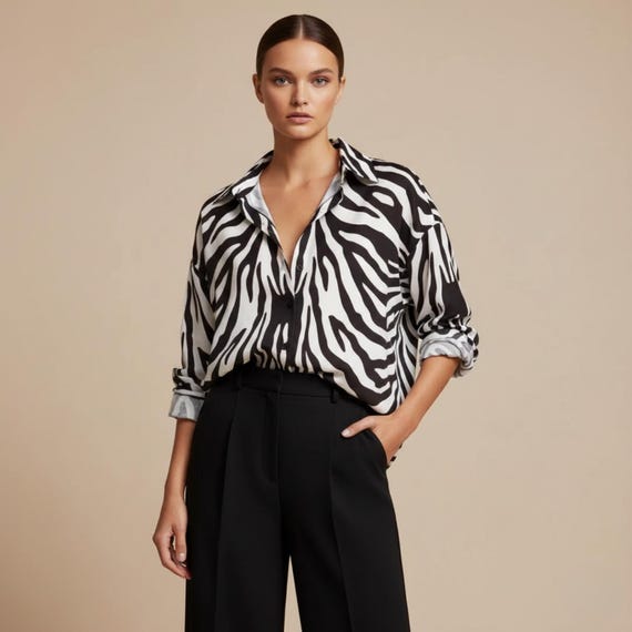 Zebra Print Button Down Shirt – Relaxed Loose Fit, Lightweight Graphic Blouse, Modern Monochrome Top