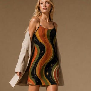 Celestial Retro Mini Dress, Moon Star Spaghetti Strap Sundress, 70s Cosmic Resort Dress