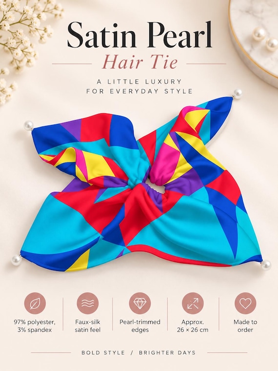 Colorful Geometric Bow Scrunchie, Pearl Trim Satin Hair Scarf, Retro Hair Accessory