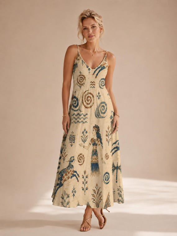 Greek Goddess Maxi Dress, Minoan Tribal Art Coastal Resort Wear
