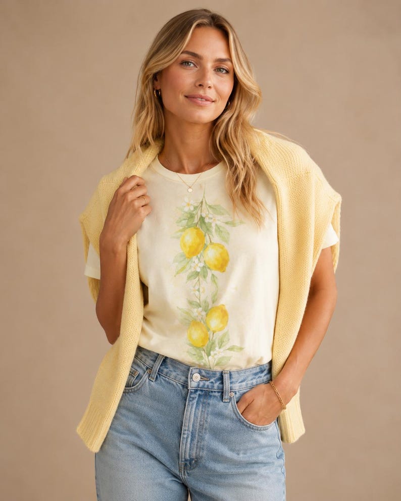 Op de afbeelding: Een cr&egrave;mekleurig T-shirt met korte mouwen en een verticale botanische print van gele citroenen en groene bladeren in het midden, gecombineerd met een lichtgeel gebreide trui over de schouders en een lichtblauwe spijkerbroek.