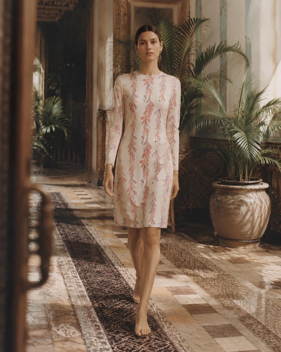 Ivory Botanical Shift Dress, Long Sleeve Knee Length, Blush Leaf Print