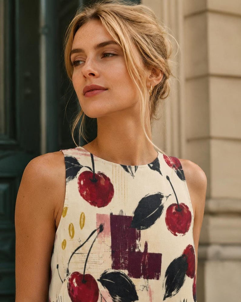 Close-up of a woman's face and shoulder, showing the cream, red, and black cherry print of her sleeveless dress.