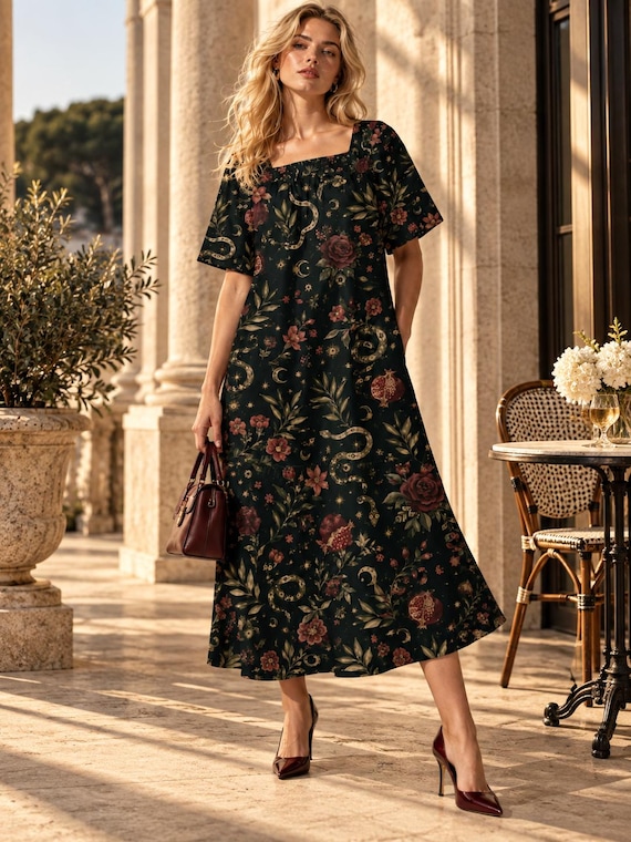 Dark Botanical Snake Midi Dress, Square Neck Celestial Floral Print