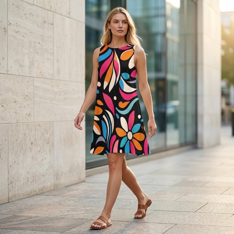 Puede incluir: Vestido negro sin mangas con un vibrante estampado floral en naranja, rosa, azul y blanco. El vestido tiene un cuello redondo y una falda acampanada. La modelo lleva sandalias marrones. El fondo es un edificio moderno.
