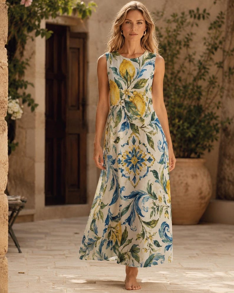 May include: A sleeveless floor-length dress featuring a white base with a vibrant print of yellow lemons, green leaves, and blue swirling floral patterns. The garment has a round neckline and a fitted bodice that flows into a relaxed skirt.