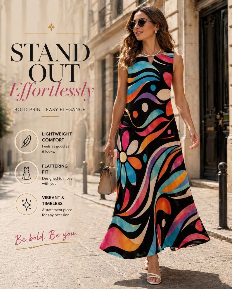 May include: Sleeveless maxi dress with a vibrant, abstract floral print in shades of blue, orange, pink, and purple on a black background. The dress features a V-neckline and a flowing silhouette. The text on the image says "STAND OUT Effortlessly".