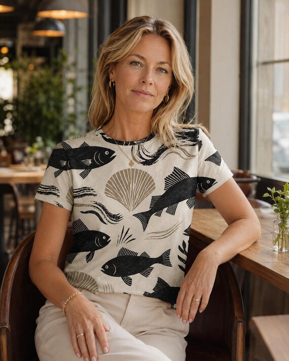 100% Cotton Coastal Fish Print Shirt, Mediterranean Seashell Tee for Women