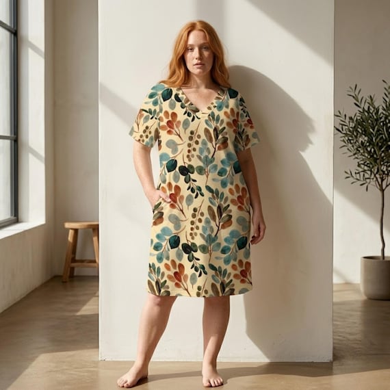 Botanical Print Midi Dress: V-Neck, Pockets, Casual Summer Vacation Wear