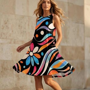 Retro A-Line Mini Dress, Sleeveless Summer Vacation, Hidden Pockets image 4