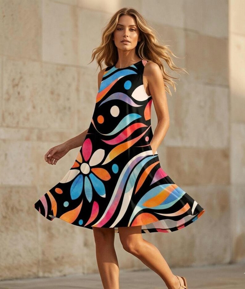 Retro A-Line Mini Dress, Sleeveless Summer Vacation, Hidden Pockets image 4