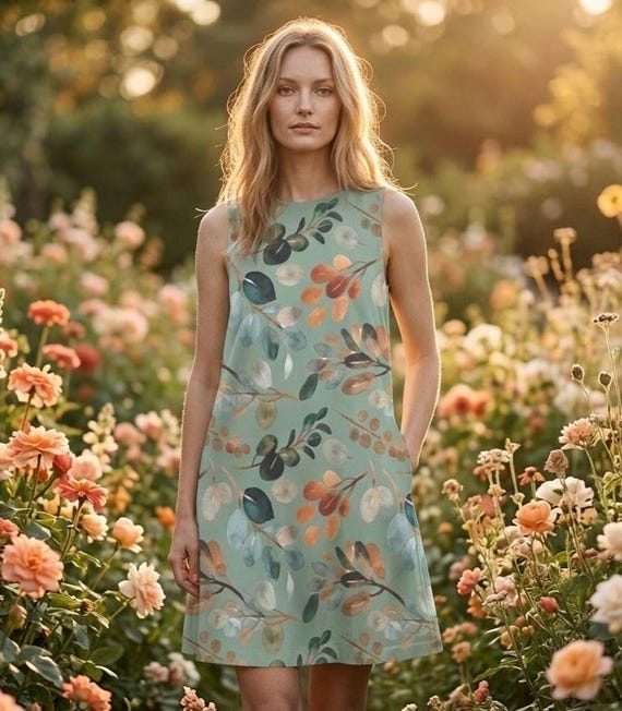 Sage Green Botanical Watercolor Leaf Print Mini Dress, Sleeveless A-Line Summer Dress