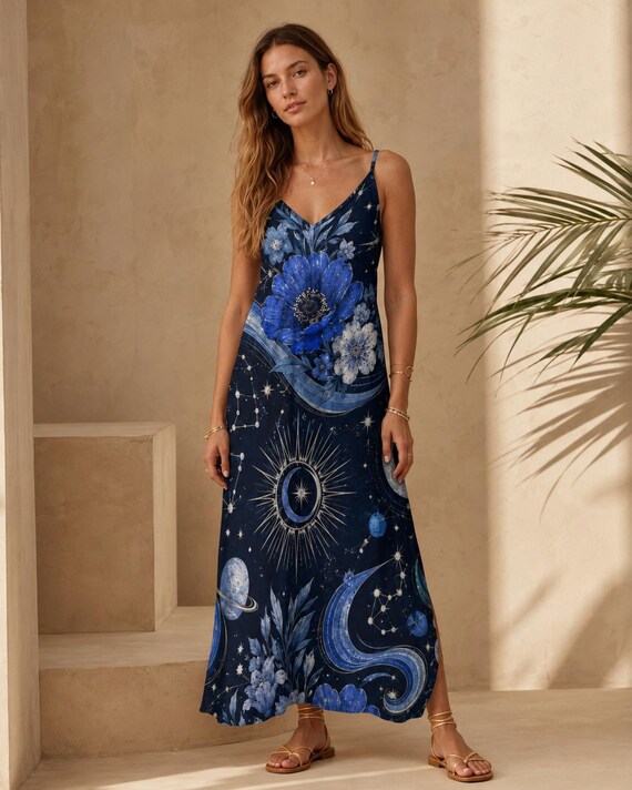 Celestial Maxi Dress, Moon Stars Floral Slip, Blue Boho Summer Vacation Outfit
