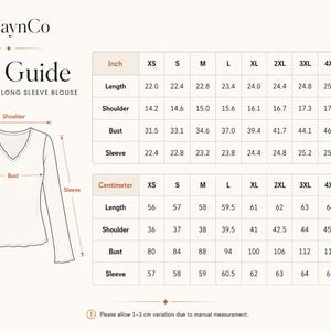 May include: A size guide for a transparent long sleeve blouse by ByZaynCo. The image features a line drawing of a V-neck blouse with arrows indicating length, shoulder, bust, and sleeve measurements. Two tables provide sizing from XS to 6XL in inches and cm.