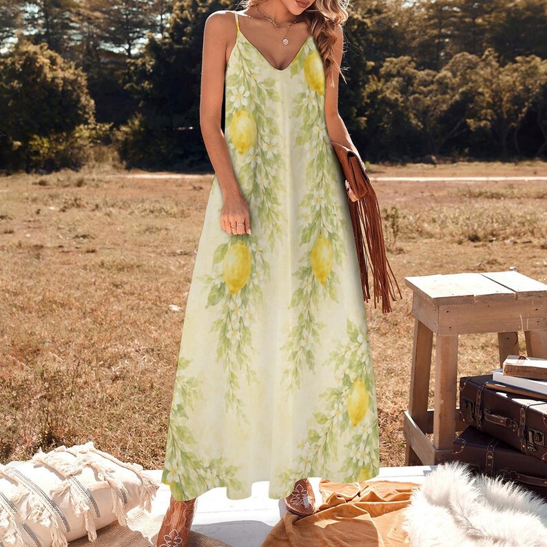 Lemon Print Maxi Dress, Floral Spaghetti Strap Amalfi Coast Resort Wear imagen 13