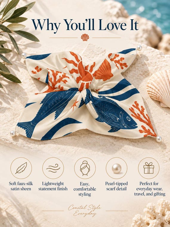 Mediterranean Fish Bow Scrunchie, Satin Hair Scarf, Coastal Resort Accessory