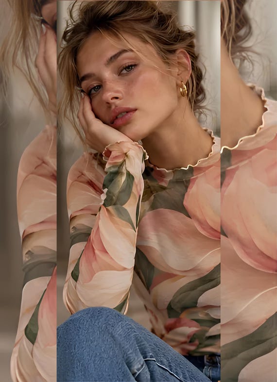 Pink Magnolia Mesh Top, Sheer Floral Long Sleeve Mock Neck Shirt