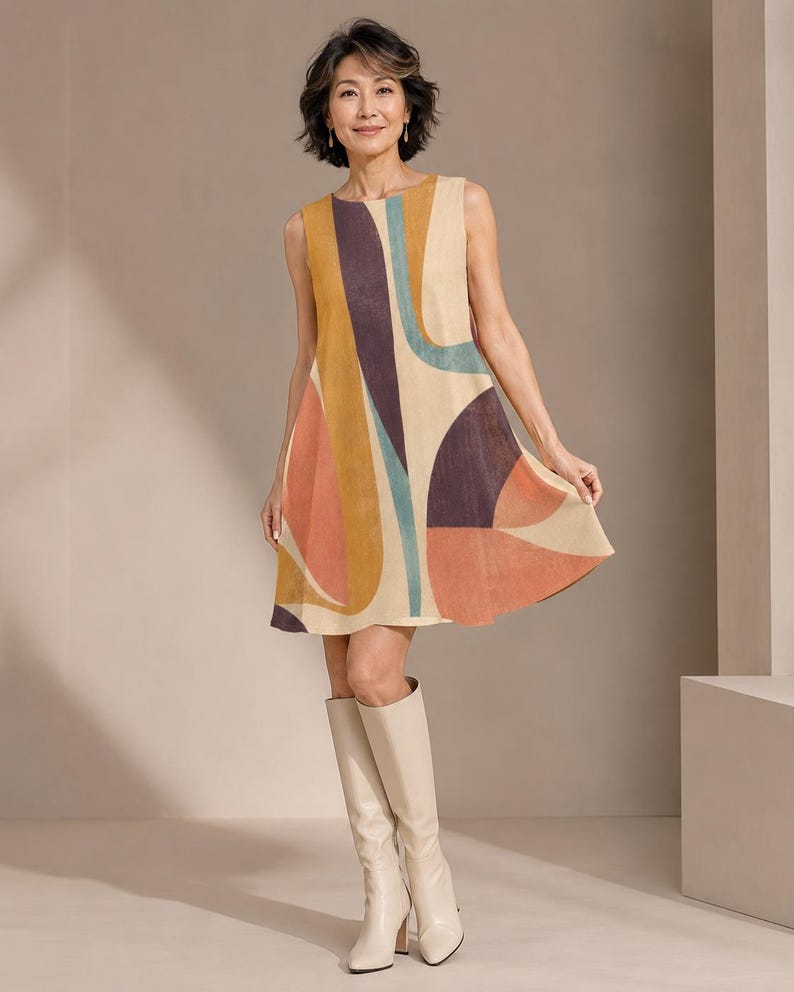 May include: A sleeveless A-line dress featuring a bold abstract pattern with curved shapes in shades of mustard yellow, deep purple, muted teal, and terracotta orange on a cream background, paired with knee-high cream leather boots.