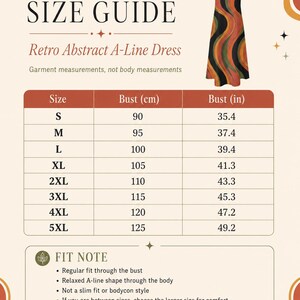 May include: A size guide chart for a sleeveless A-line dress with a wavy abstract pattern in black, orange, and green. The chart lists sizes S through 5XL with corresponding bust measurements in centimetres and inches, plus fit notes.