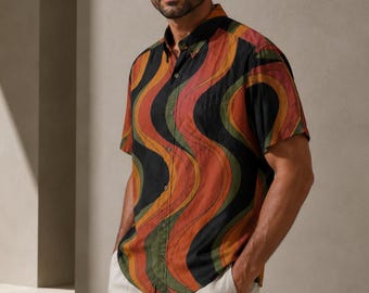 Retro Wave Cotton Resort Shirt, 70s Artistic Vacation Menswear, Mediterranean Summer Style