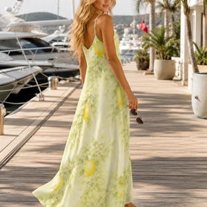 Lemon Print Maxi Dress, Floral Spaghetti Strap Amalfi Coast Resort Wear imagen 7