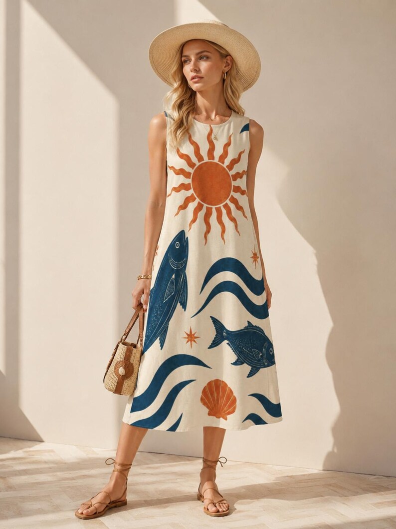 May include: A sleeveless midi dress in cream featuring a large orange sun graphic, dark blue fish illustrations, wavy blue lines, and an orange seashell print. The dress has a round neckline and a loose, straight silhouette that falls below the knees.