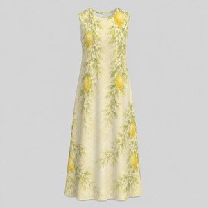 Mediterranean Lemon Floral Cotton Midi Dress, Sleeveless A-Line Garden Party Vacation Resort Dress image 12