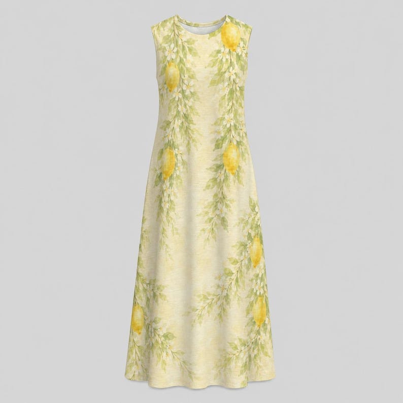 Mediterranean Lemon Floral Cotton Midi Dress, Sleeveless A-Line Garden Party Vacation Resort Dress image 12